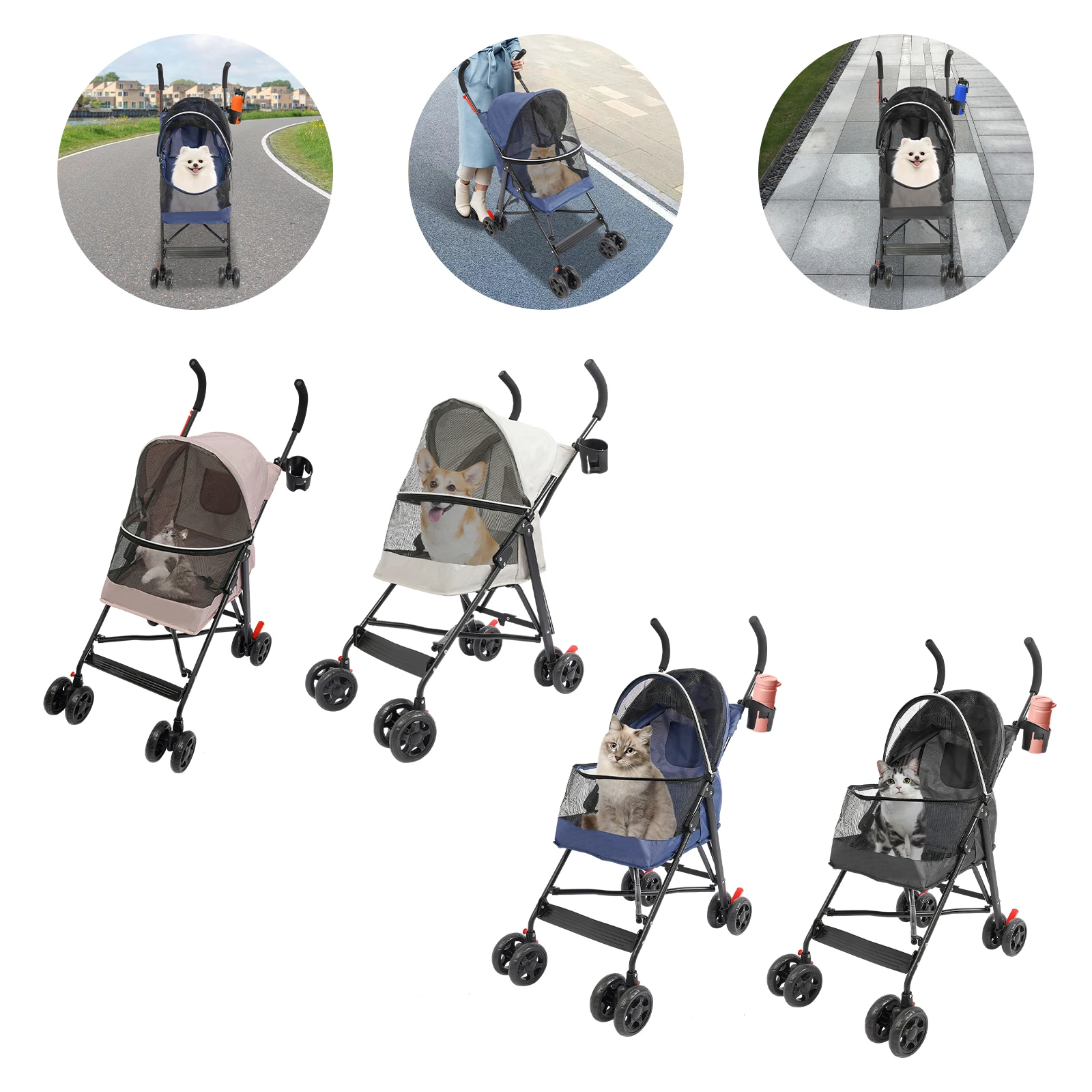 Oxford Cloth Pet Stroller,Blue/Pink/Black/Gray Foldable Pet Stroller 55*45*97cm for Small and Medium-sized Dogs All Life Stages 1