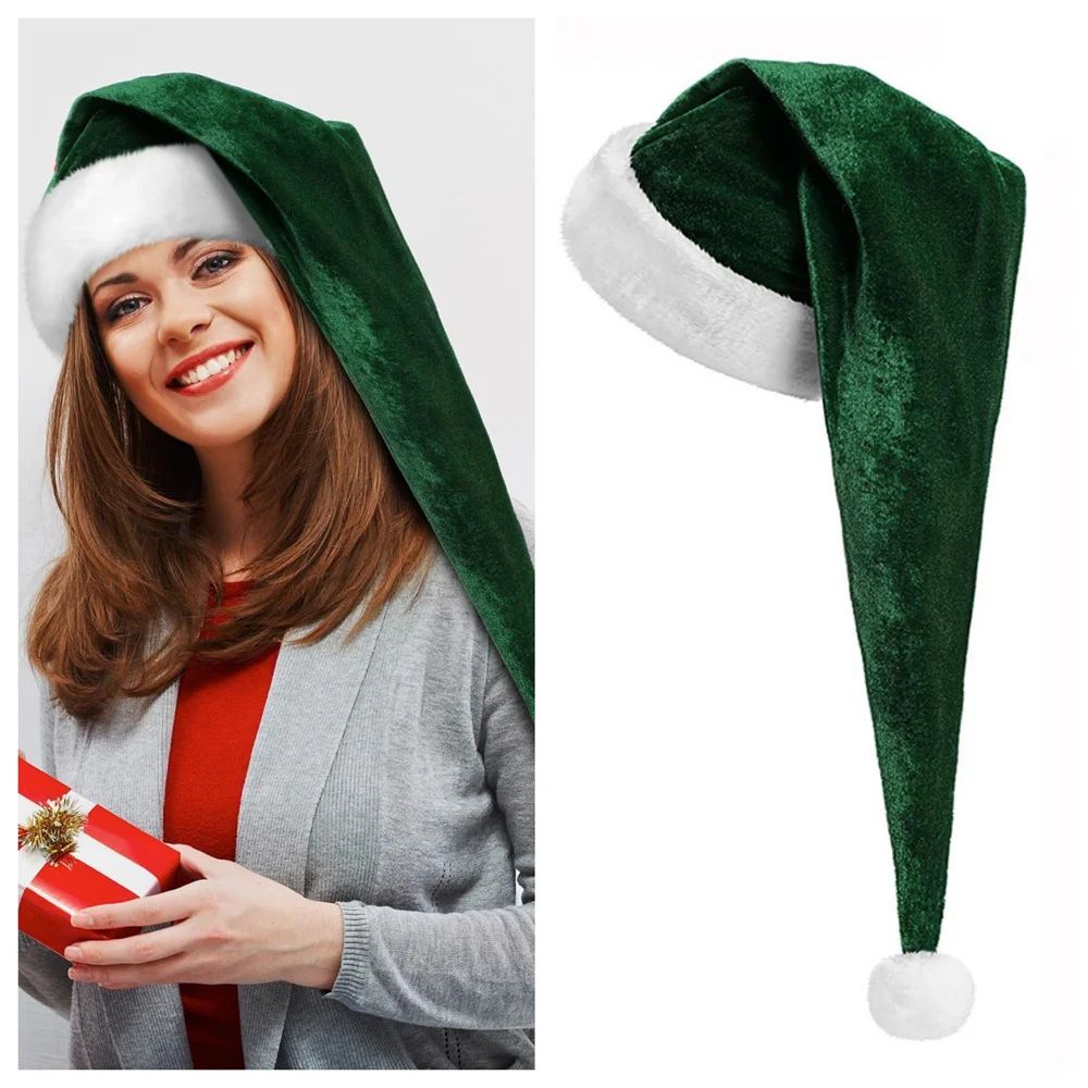 New Long Plush Christmas Hats Dark Green Golden Velvet Christmas Hat Adult Children's Holiday Santa Hat New Year Party Decor