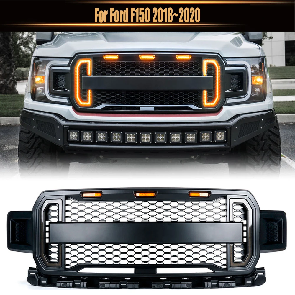 

For Ford F150 2018~2020 Pickup Exterior Parts Raptor Style Front Car Grille With 3 Amber Lights And Switchback LED Turning