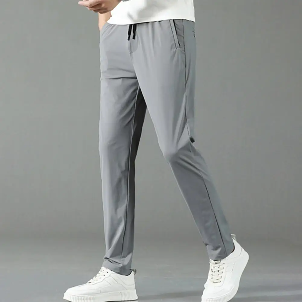 Men's Ice Silk Pants Elastic Trousers Big Pockets Casual Bottoms Thin Plain