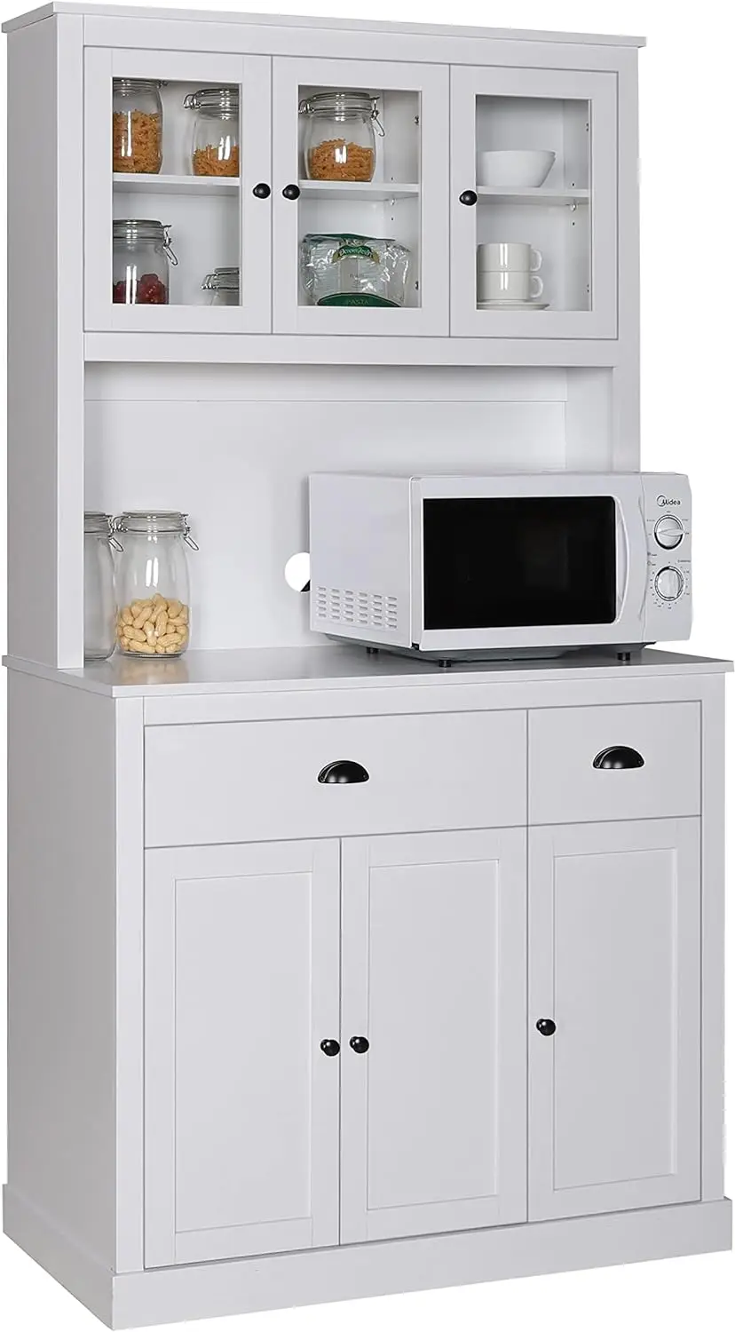 

71" Kitchen Pantry Cabinet with Microwave Stand, Freestanding Hutch Storage Cabinet with Drawers, Shelves and Glass Doors