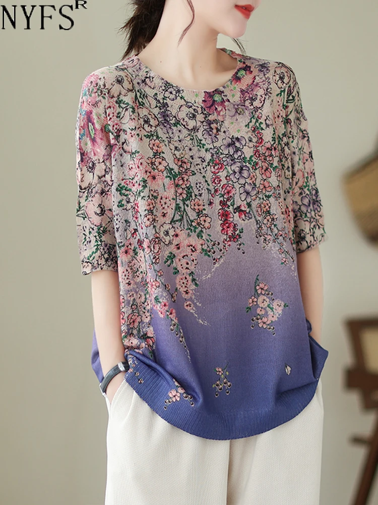 

NYFS 2024 Summer New Womens Knitting T shirt Fashion Loose Plus Size Print Tops Blusas Camisa Mujer