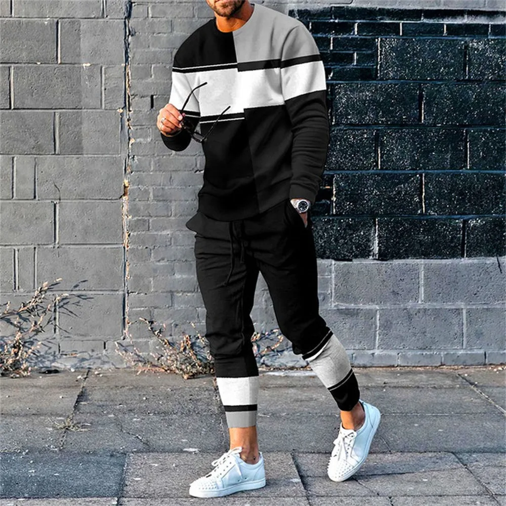 Spring Men's Fashion Set Long Sleeve T-shirt+Pants Trend 3D Printing Party Social Casual Clothing Comfortable Men Tracksuit