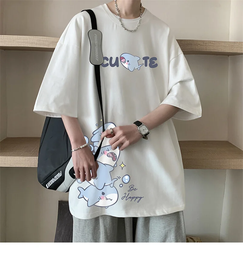 Men's Cotton T-shirts White Men Oversized T Shirt Anime Shark Print Summer Casual Wear 5XL Tee Shirts Big Size Male Clothes