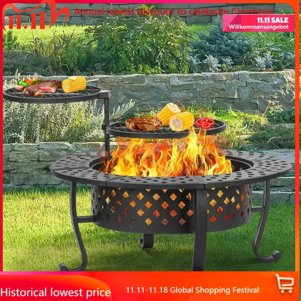 42 Inch Fire Pit with 2 BBQ Grills, Wood Burning Fire Pits for Outside with Lid & Fire Poker, BBQ& Outdoor Firepit & Round Metal