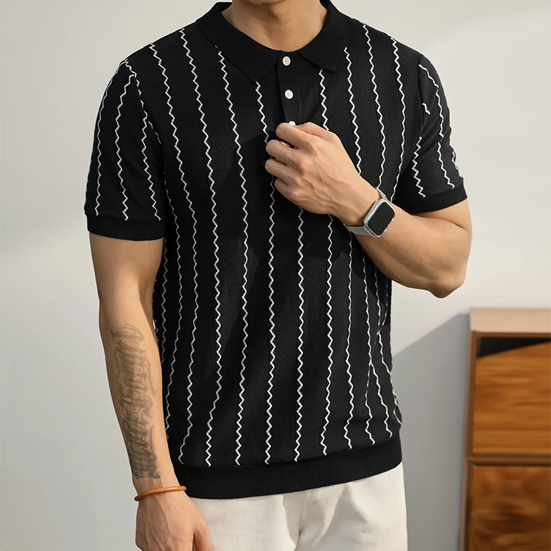 2025 Spring Summer New Casual Mens Polo Shirt Vintage Striped Crochet Buttoned Polo Neck Knit Tops Men Fashion Slim Fit Polos 16 S843550b4315c4636a83b02136363318eK