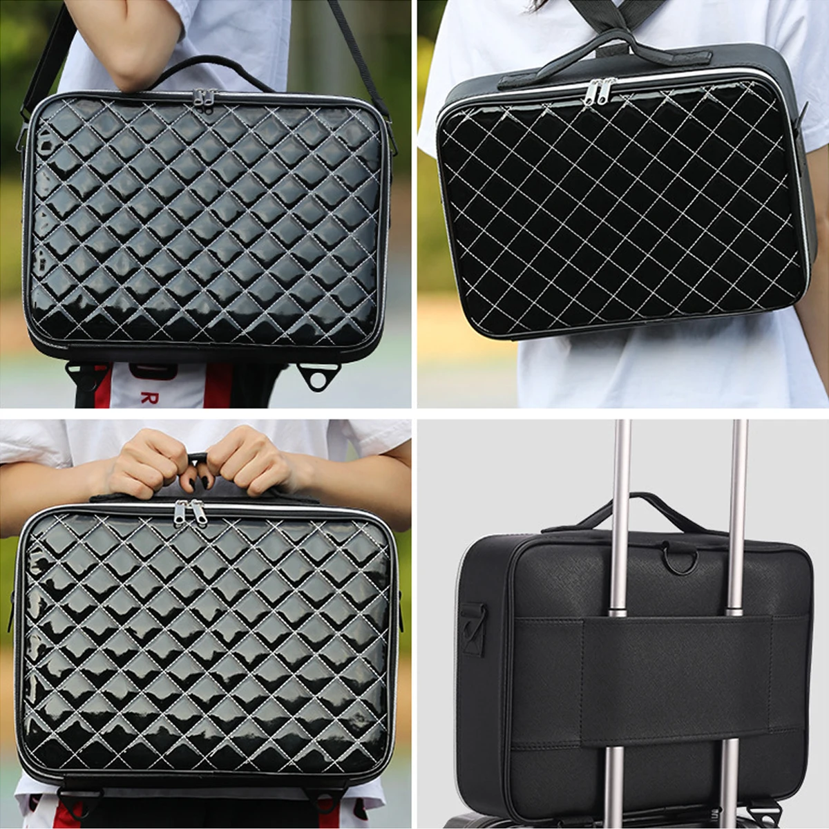 Diamond Check PU Makeup Case, Large Waterproof Travel Organize Cosmetic Box 2
