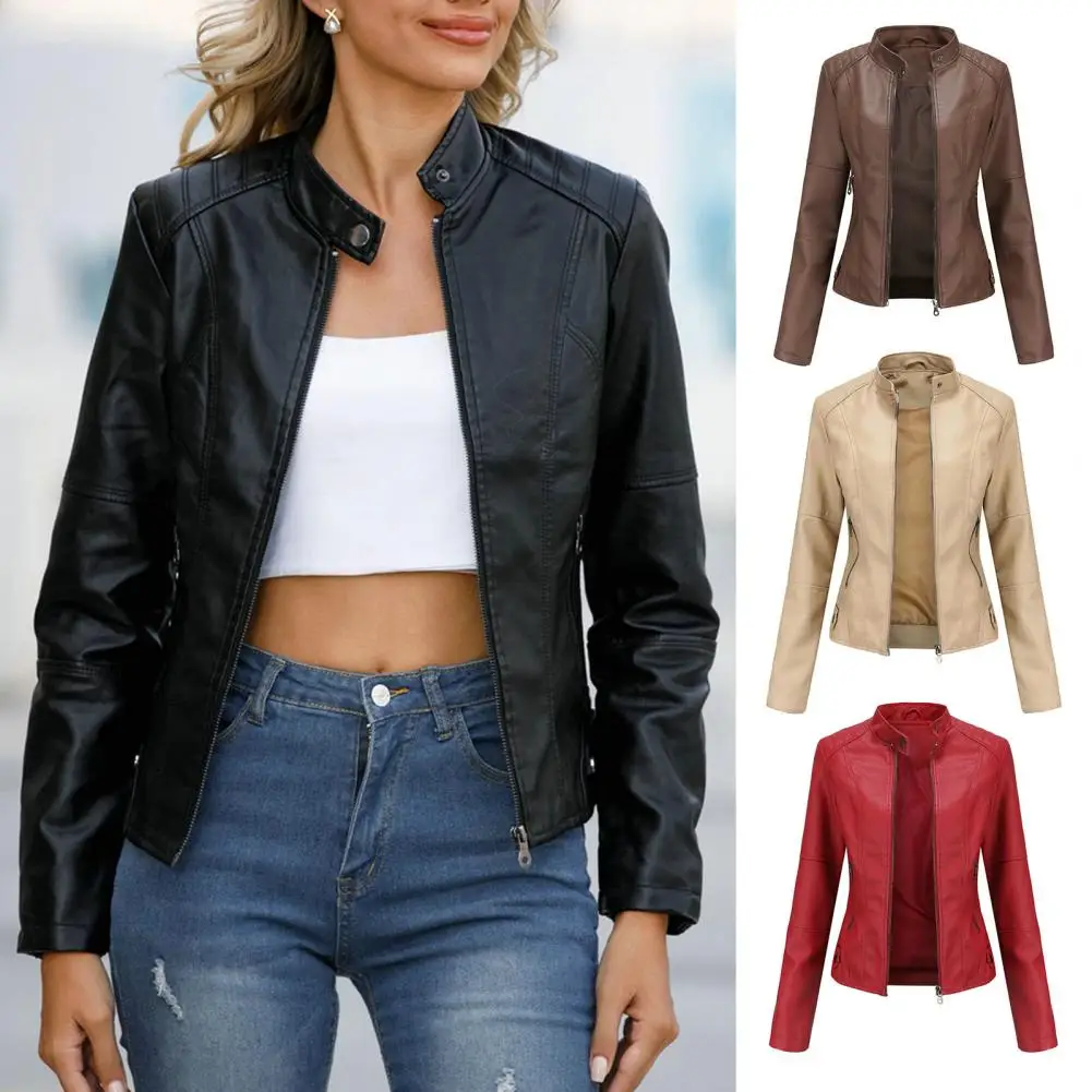 

Zipper Placket Jacket Stylish Women's Faux Leather Biker Jacket Slim Fit Stand Collar Windproof Coat with Pockets Zipper Placket