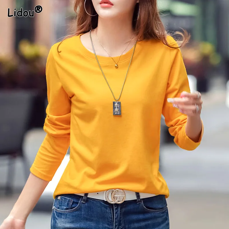 

Casual Simple T-Shirts Solid Round Neck All-match Bottoming Comfortable Classic Fashion Autumn Winter Pullovers Women's Clothing