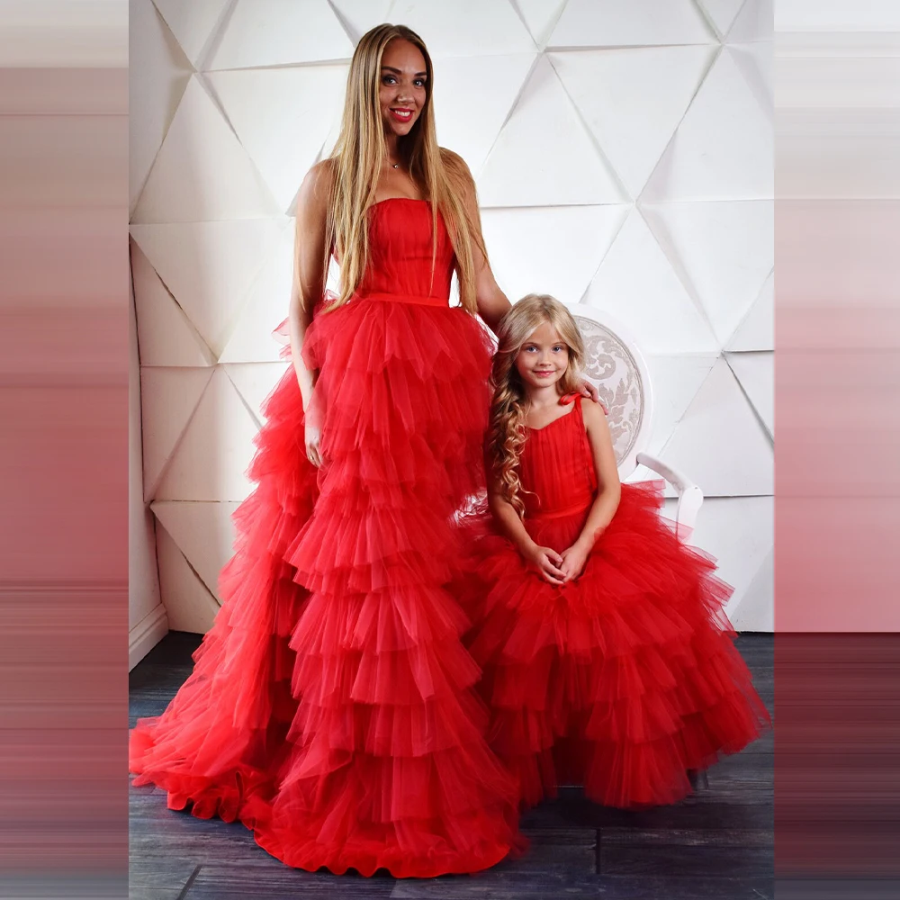 

Mommy and Me Matching Dresses for Photoshoot Ruffles Tiered Tulle Princess Gown Mother Daughter Birthday Party Prom Dress