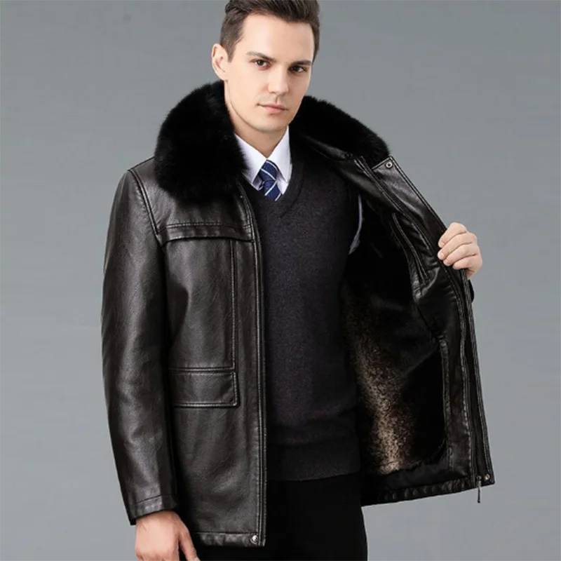 

Утепленная кожаная куртка для мужчин среднего возраста, деловая Повседневная Красивая теплая куртка с меховым воротником, зимняя мужская куртка со съемной внутренней подкладкой