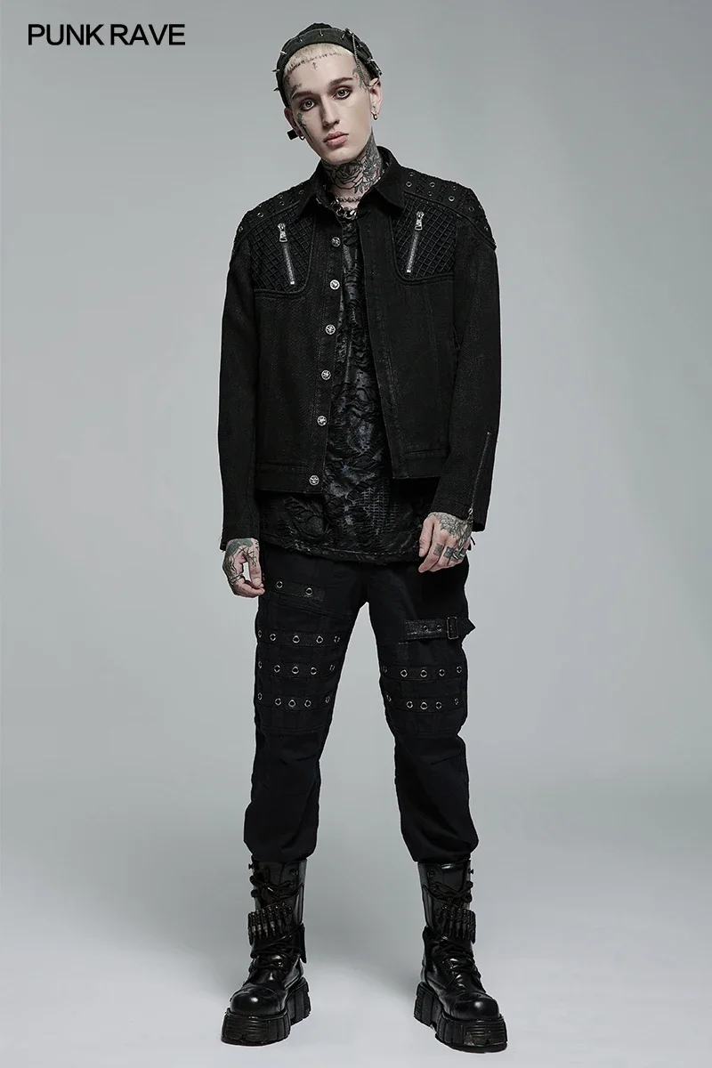 PUNK RAVE Men’s Punk Rugged Slim Fitting Jacket Casual Black Shirts Men Clothing   Four Seasons Spring/Autumn 4