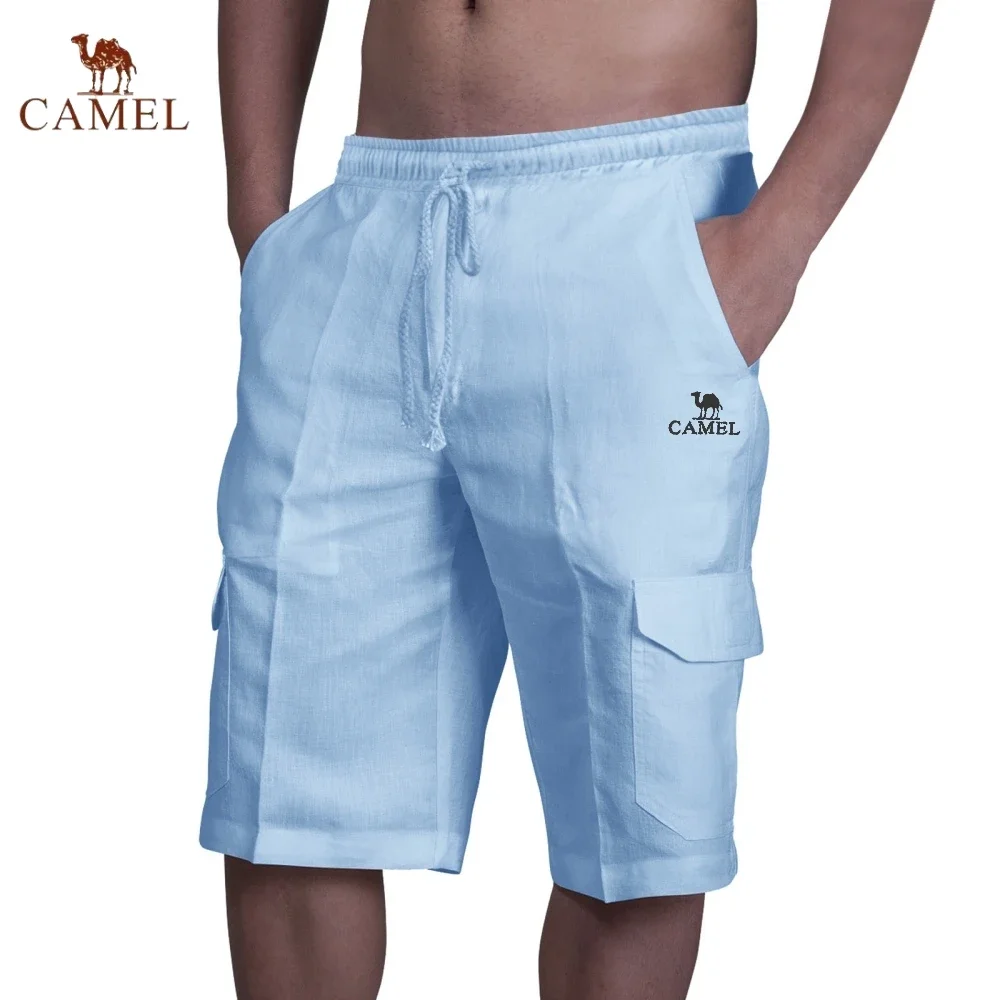 New Embroidered CAMEL Pure Cotton Linen Work Shorts Summer Men's Fashion Casual Multi Pocket Breathable Beach Swimming Pants