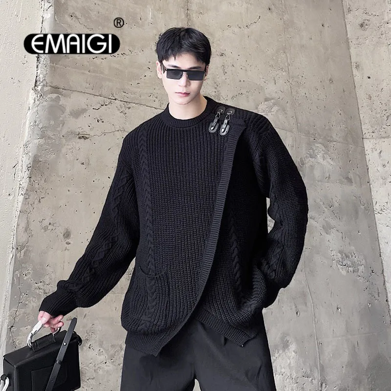 

Autumn Winter Sweater Men Metal Buckle Thicken Loose Black Pullover Sweater Male Women Streetwear Fashion Knitwear Sweater