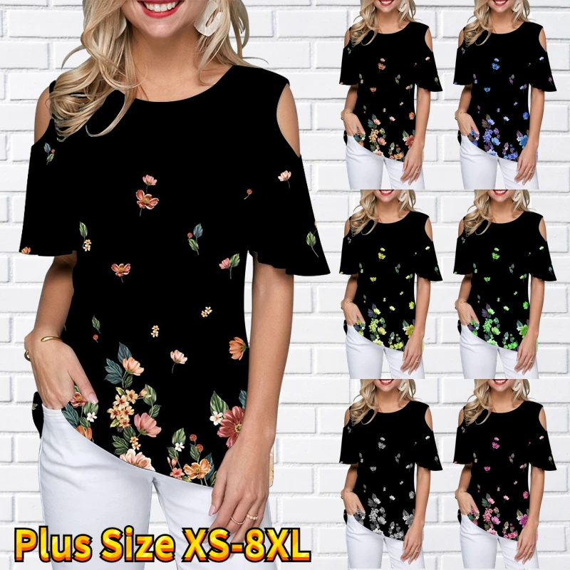 

Summer Women's Elegant Casual New Design Printing Loose Fashion T-shirt Oversized Top Off-the-shoulder Short Sleeve Round Neck