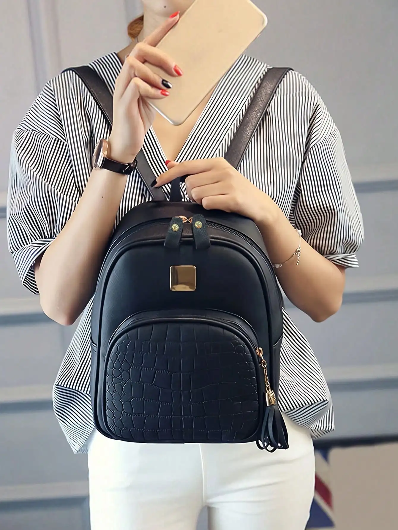 حقيبة ظهر نسائية عصرية بنمط ليتشي 1psc مناسبة للفتيات والعمال ذو الياقات البيضاء والسفر والتنقل اليومي