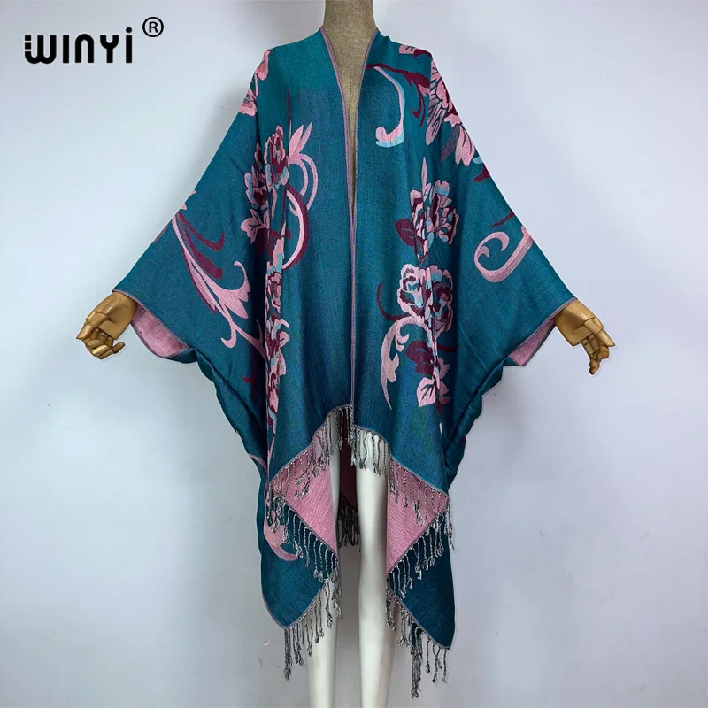 WINYI Women Knitting coat Capes Autumn New 2021 Female Fashion Bohemian kimono Cloak Tassel Double layer winter gauze Clothing
