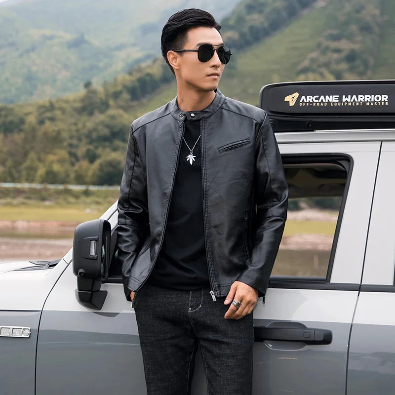 

Causal Leather Coat Jacket Men's Stand Collar Slim Pu Mens Fashion Moto Biker Windproof Motorcycle