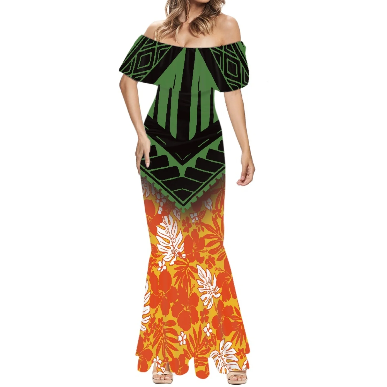

Sexy Off Shoulder Fishtail Dress, Polynesian Tribal, Pohnpei Totem,Tattoo Prints,Off Shoulder,Colorful Hibiscus,Short Sleeve,7XL