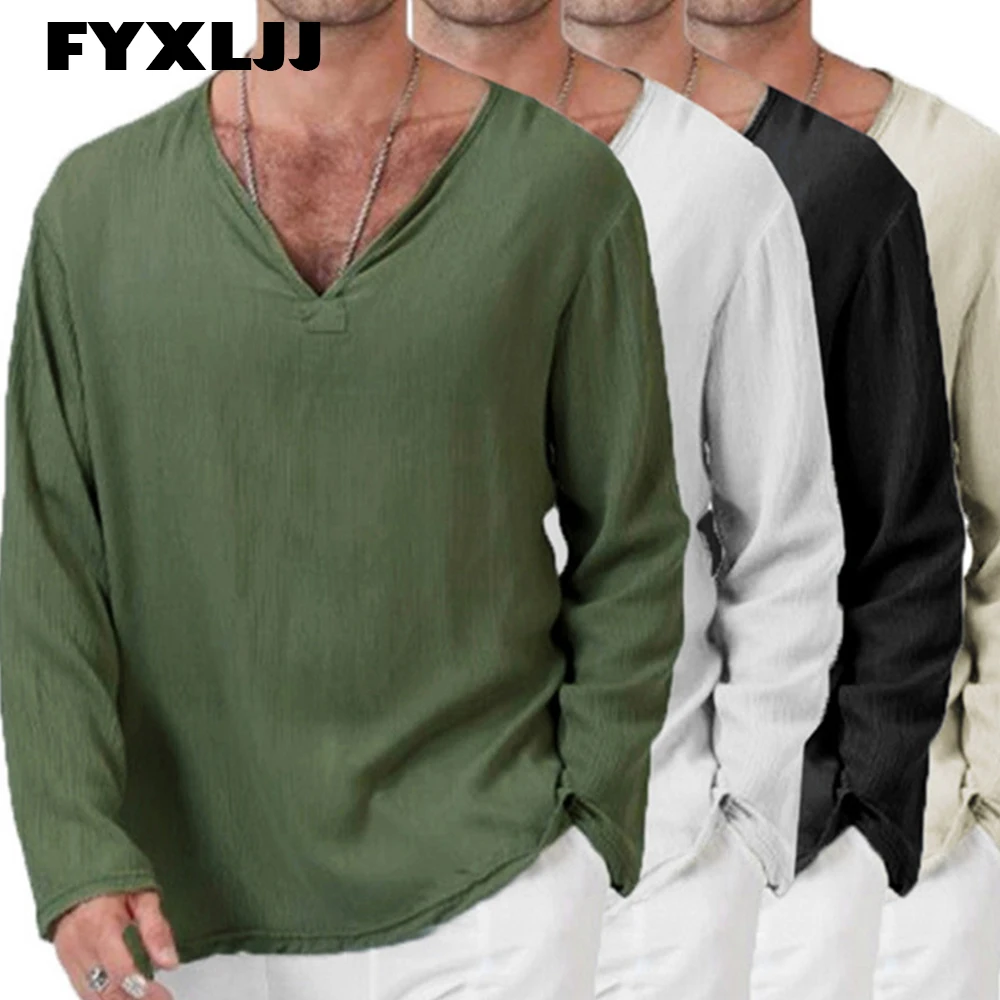 

FYXLJJ Mens V Neck Cotton Linen Shirts Breathable Soft Solid Color Long Sleeve Blouse Shirt Casual Fashion Linen TShirts S-4XL