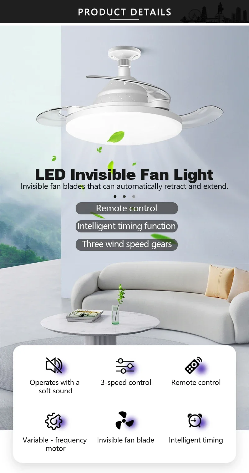 Invisible Ceiling Fan With Led Light Dimmable And Timer Function_voghion.com