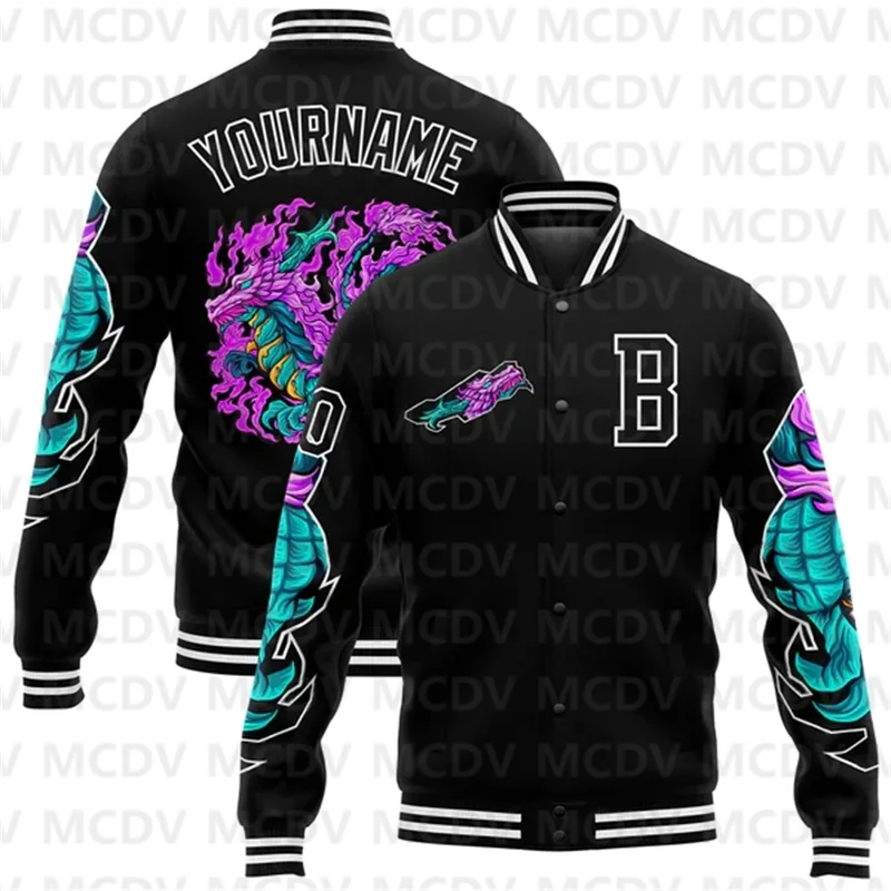 

Custom Black White Dragon 3D Pattern Design Bomber Full-Snap Varsity Letterman Jacket