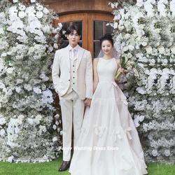 Fancy Simple Bow Wedding Dress Korea Photo Shoot O Neck Sleeveless Bridal Gown A Line Evening Party Dresses Lace Up Back