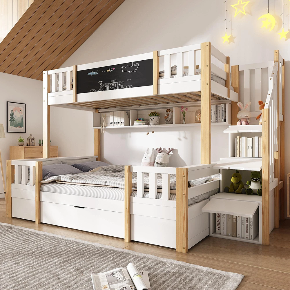 KOMHTOM Etagenbett 90x200 & 140x200 cm, mit Tafel, Ablagefach, Lattenrost, Schublade und Leiterschrank (ohne Matratze) – Detail 1
