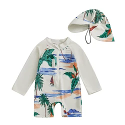 Kids Shark Print Rash Guard Swimsuit with Sun Hat - Long Sleeve Zip-Up Swimwear (2-Piece Set) - 3-4 Years (Beige)