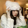 2022 Real Rabbit Fur Winter Hat for Women Knitted Fluffy Beanie Ladies Fashion Solid Color Warm Plush Skull Women's Thick Hat 2
