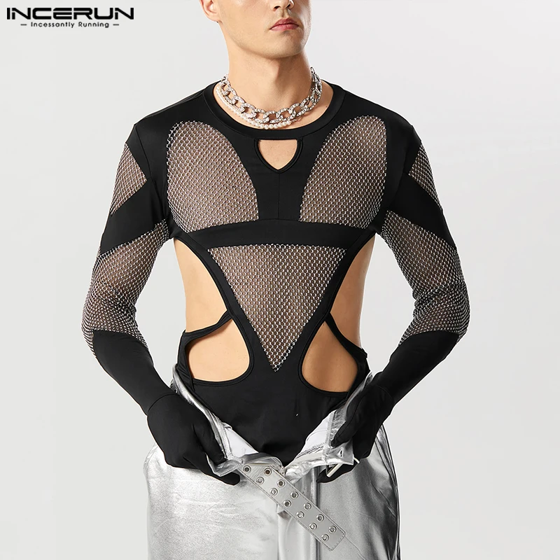 INCERUN Sexy Men's Jumpsuit Flash See-through Mesh Hollow Deconstruction Design Bodysuits Triangular Long Sleeved Rompers S-5XL