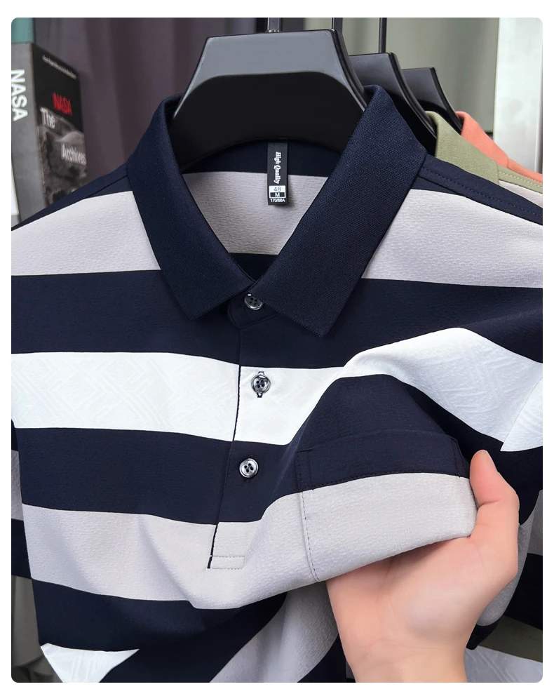 Hochwertiges Herren-Poloshirt mit kurzen Ärmeln, modisch gestreift, farblich abgesetzt, luxuriös, Sommer-Neuheit, lässig, atmungsaktiv, T-Shirt – Detail 10