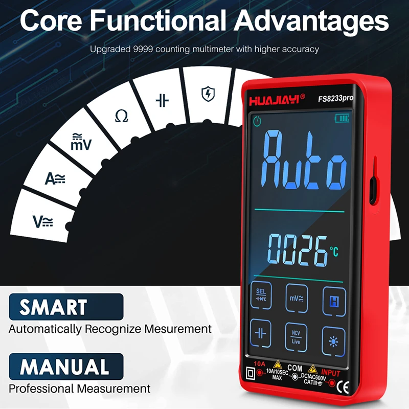

HUAJIAYI New Smart Digital Multimeter Touch Screen Flashlight Transistor 9999 Counts AC/DC Capacitance Ohm Meter Temp Resistance