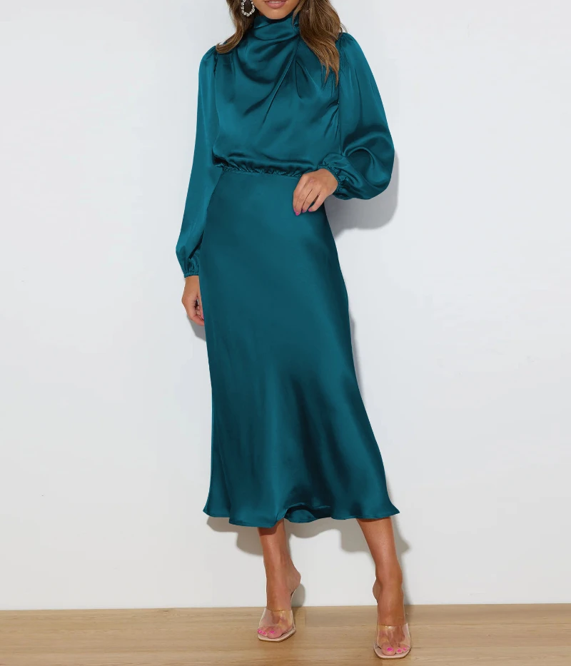 Kleider für Frauen Herbst neue Satin lang ärmel ige lose Kleid elegante Abendkleider hoch taillierte Party eine Linie Vestidos – Detail 9