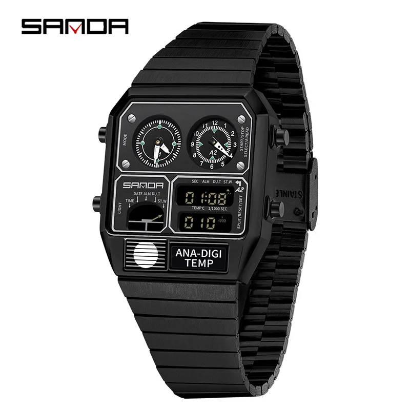 SANDA Fashion Square Dial Waterproof Luminous Chronograph Multifunction Men's Digital Sports Watch