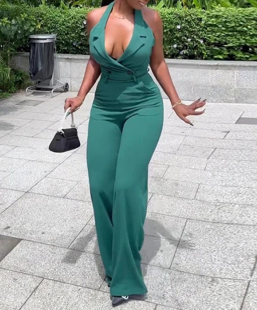 

Women's Neck Hanging, Backless, High Waisted, Pocket Inserted Casual Jumpsuit 2024 New Summer Women Fashion Sleeveless Jumpsuits