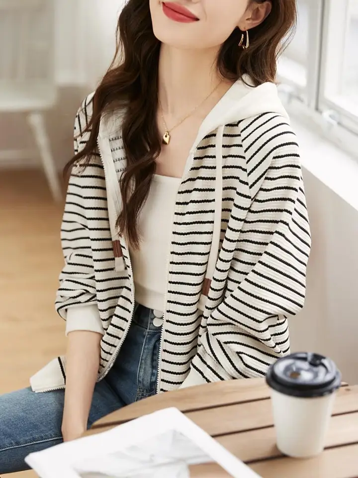 여성용 캐쥬얼 및 패셔너블 가디건, 다목적 심플 스트라이프 통근 후드 재킷, 신상
