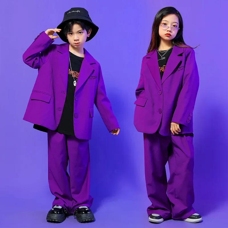 Costumi di danza Jazz per bambini bambini tuta Hip Hop viola giacca Blazer pantaloni larghi abiti moderni Kpop set da palcoscenico per ragazza adolescente
