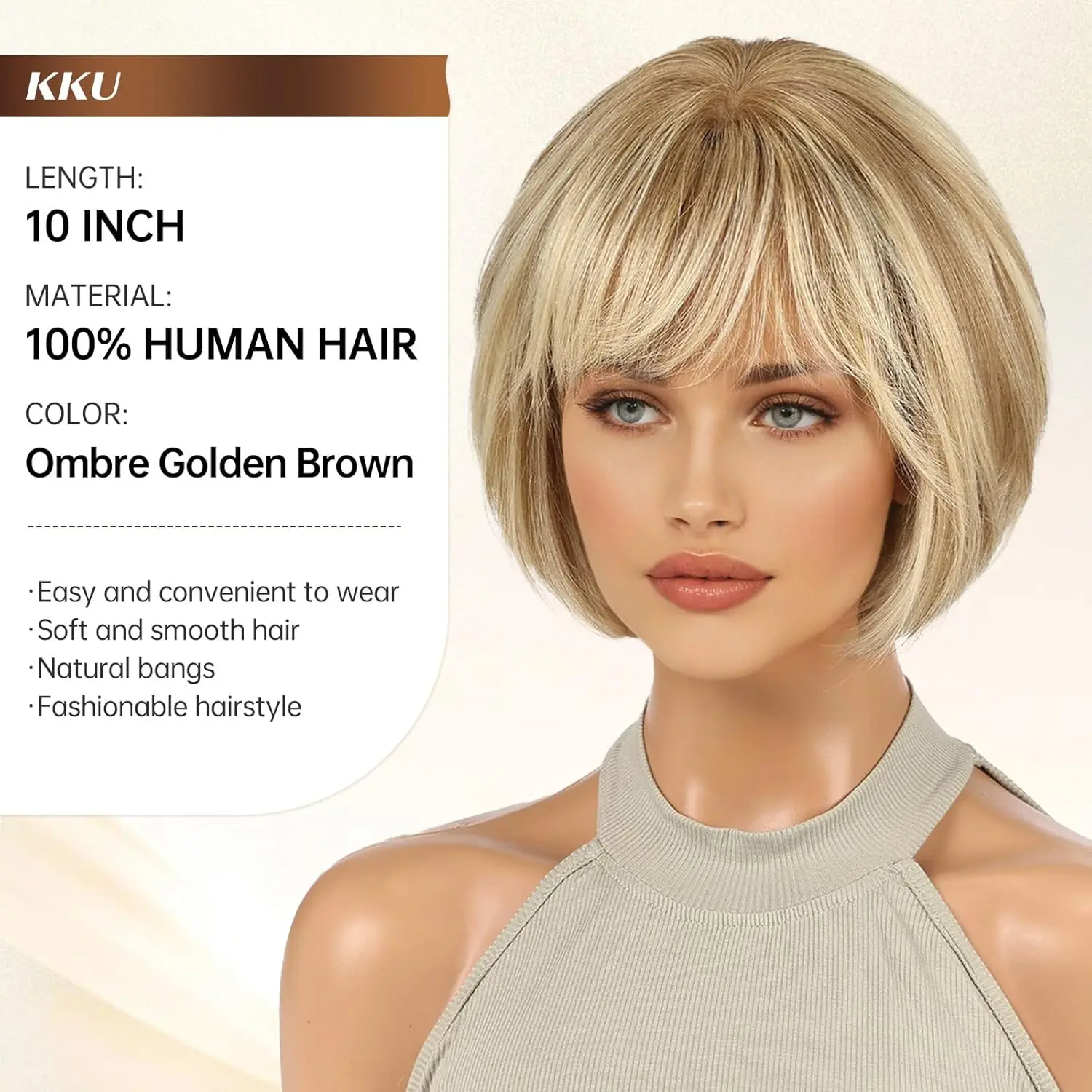 옴브레 골든 브라운 인모 가발 100% 레미 인모 가발 10인치 밥 블론드 브라운 내추럴 소프트 데일리 여성용 앞머리 있는 가발
