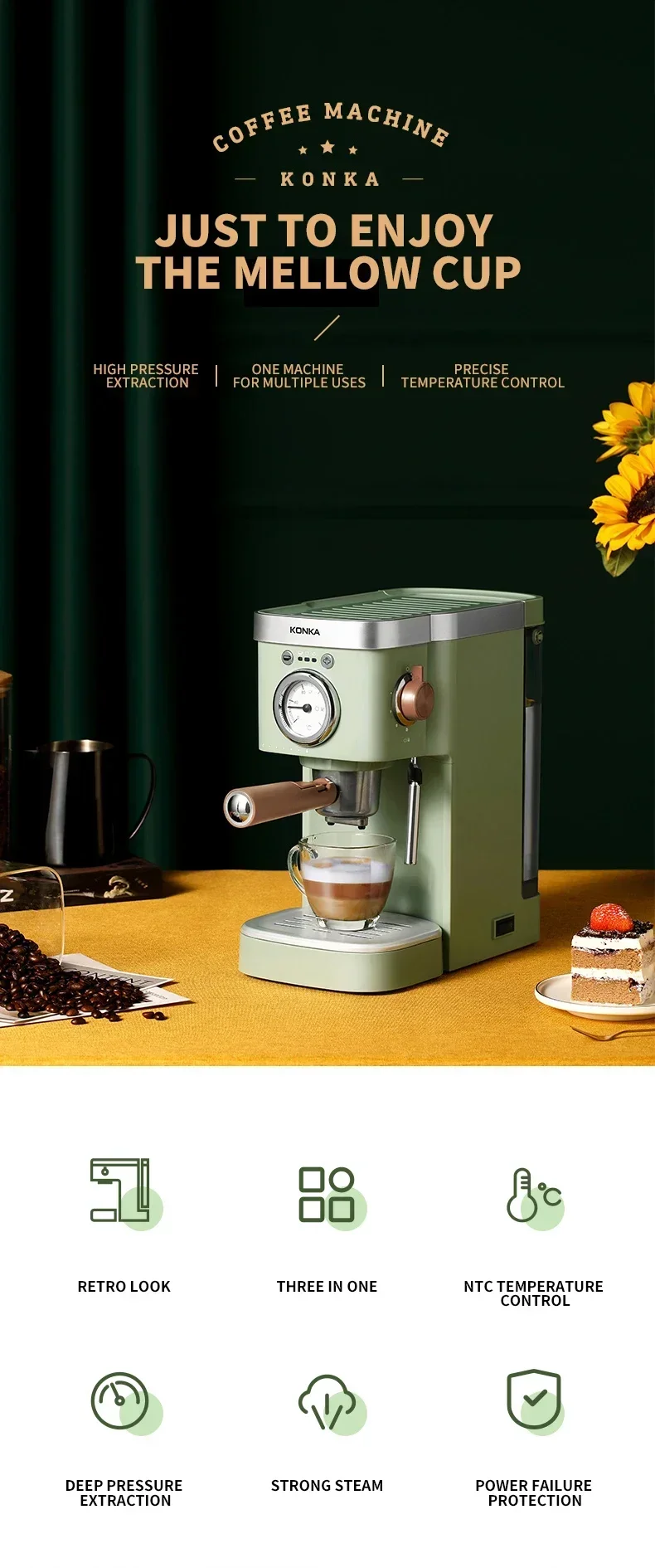 Description Picture 3 of itemKONKA Italian Coffee Machine Retro Green Milk Frother Coffee Maker Powder Capsule Espresso Making Coffee Drinks Maquina De Cafe