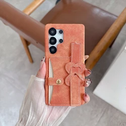 Denim Texture Multifunctional Card Holder Love Wristband Phone Cover Case - Galaxy S23 Ultra (Orange)