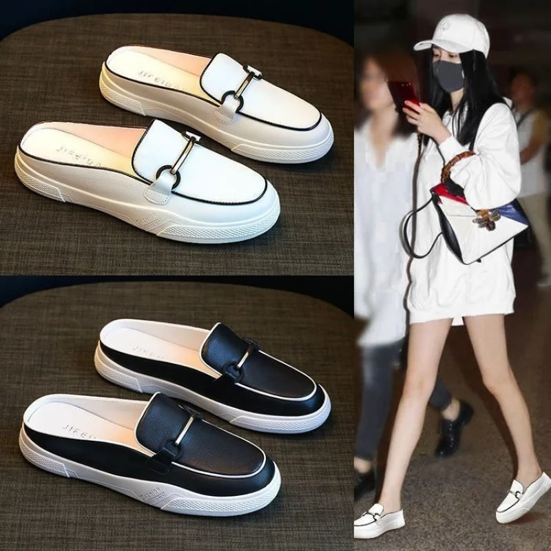 

Closed Toe Half Slippers Women's Outer Wear 2023 New Summer Versatile Slip-on Lofter Sandals without Heel White Shoes