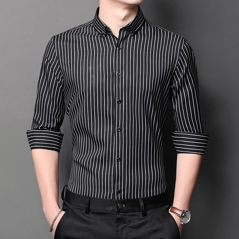

Men's business striped elastic slim formal suit handsome long-sleeved shirt fashionable classic casual classic basic style