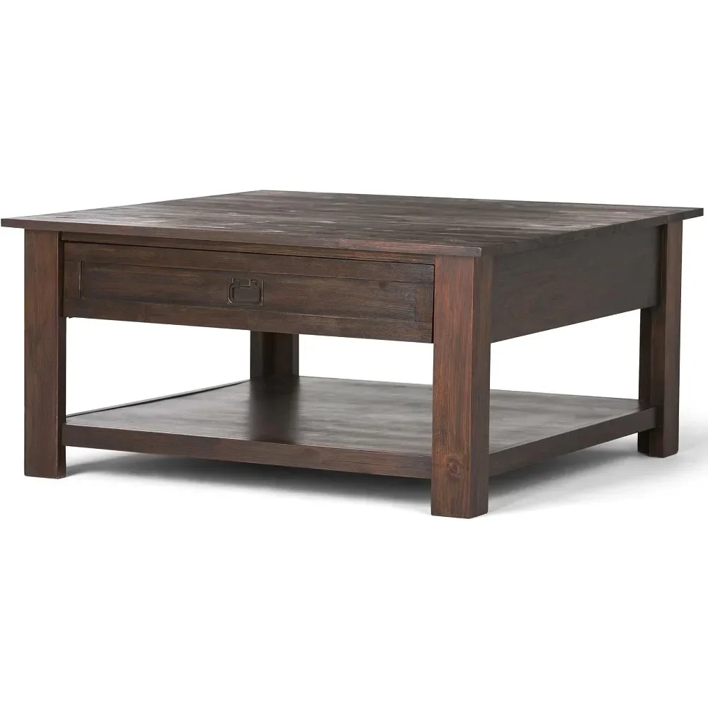Роскошный кофейный столик Monroe из массива дерева акации, 38 дюймов, широкий квадратный зеркальный кофейный столик из потертого угля, коричневая мебель