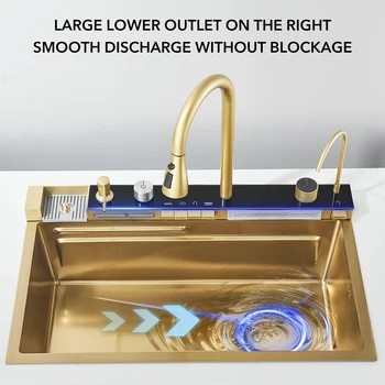 Golden Smart Digital Display Integrated Kitchen Sink Set Temperature Control Waterfall Water Purifier Soap Dispenser Cup Washer 5