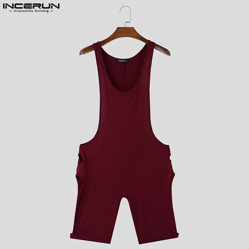 INCERUN Fashion Homewear American Style Men Side Hollow Tight Fitting Jumpsuits Sexy Solid U-neck Sleeveless Bodysuit S-5XL