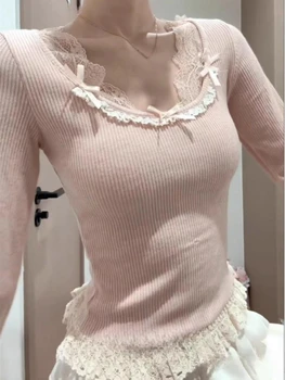 Autumn French Elegant Sexy Coquette Tops Women's Y2k Elegant Streetwear T Shirt Bow Lace Patchwork Slim Sweet Tees 1