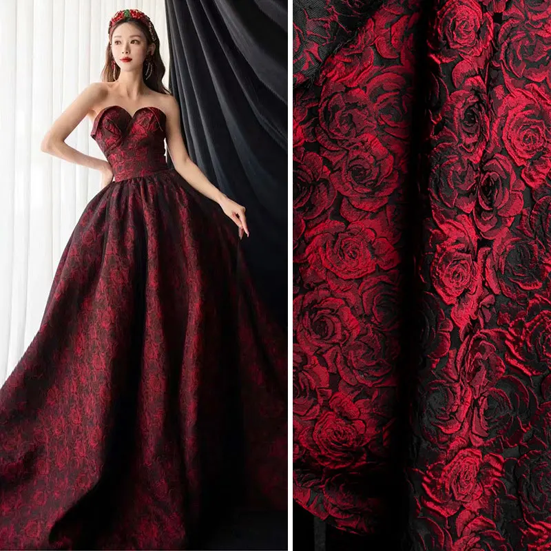 1/2/5m Embossed Dark Red 3D Rose Jacquard Yarn Dyed Fabric for Women's Dress Suit Bag Tablecloth DIY Sewing Vintage Floral Cloth