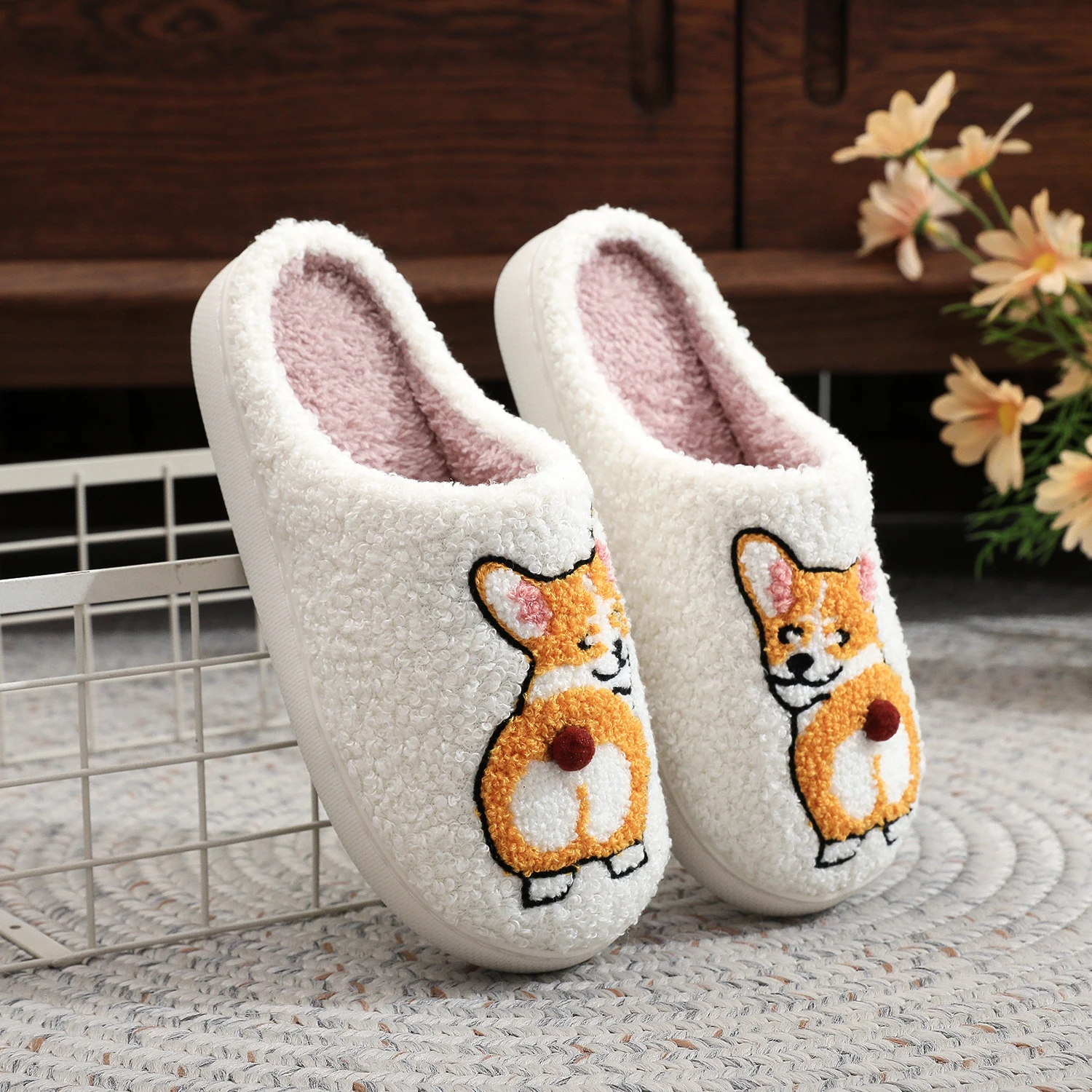 Corgi Pet Pattern Embroidered Plush Home Thick-Soled Comfortable Woolen Cotton Slippers Cute Warm Non-Slip Indoor Slippers Pet Mom Gift Dog Lovers Men and Women Can Wear 5