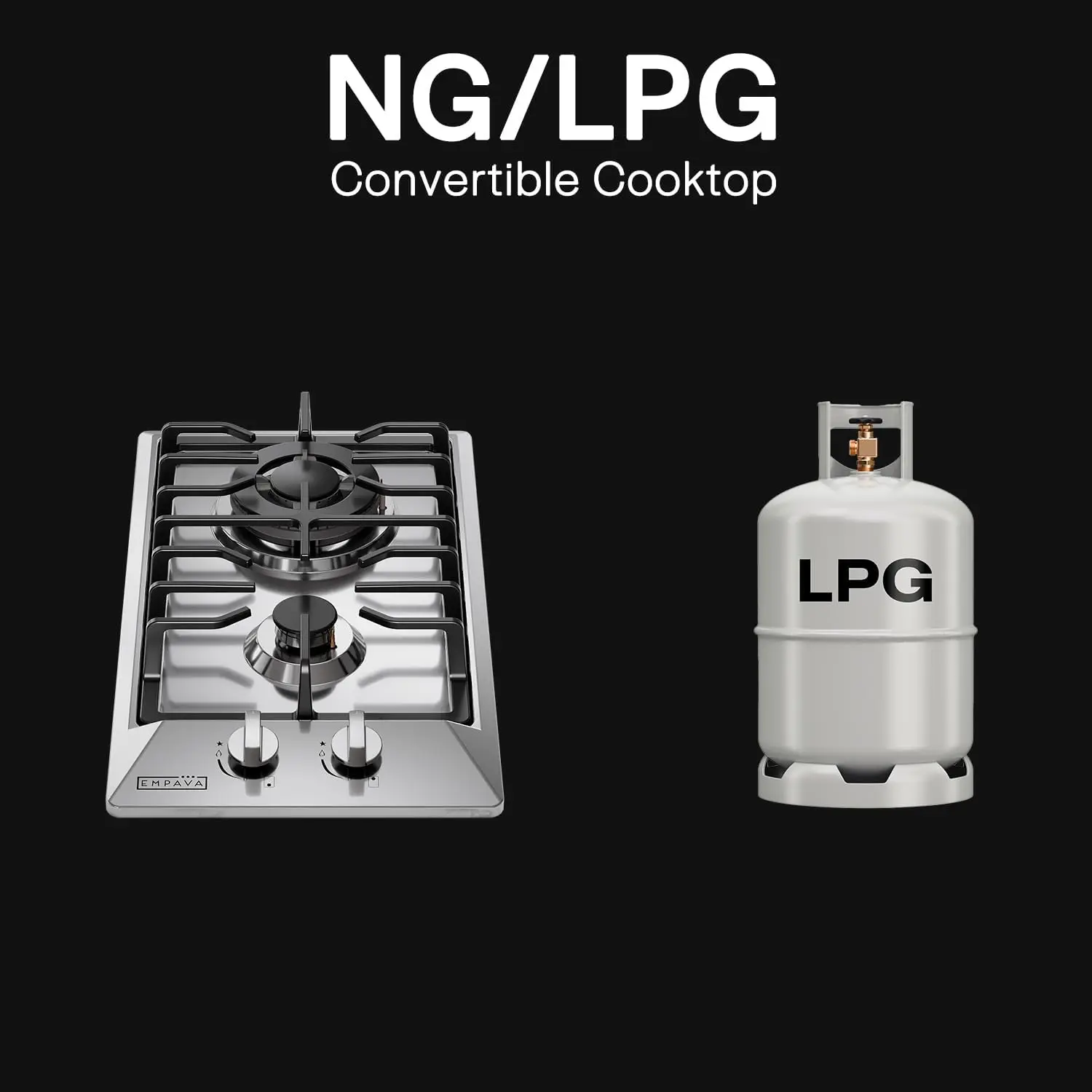 Gas Cooktop, Rv Stove Top, 2 Burner Italy Cooktops, NG/LPG Convertible in Stainless Steel